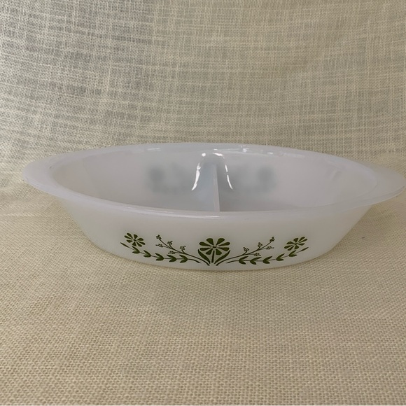 Vintage Glasbake Green Crazy Daisy Spring Blossom Divided Casserole Dish - Picture 2 of 6
